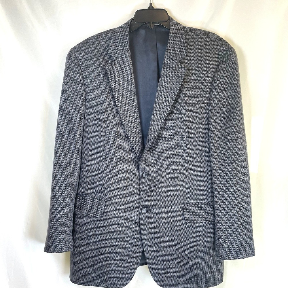 Jos A Bank Blazer Mens 42R Wool Silk Blue/Gray Herringbone Sport Coat Two Button